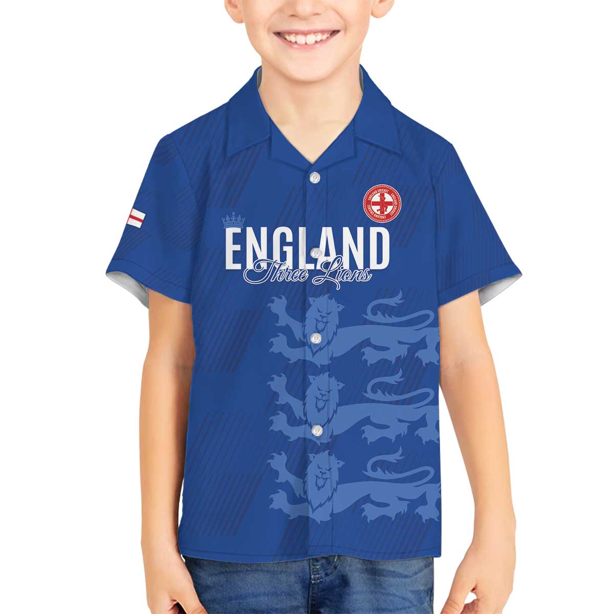 Custom England Cricket Family Matching Off The Shoulder Long Sleeve Dress and Hawaiian Shirt Go Three Lions - Blue Ver