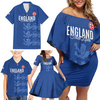 Custom England Cricket Family Matching Off Shoulder Short Dress and Hawaiian Shirt Go Three Lions - Blue Ver
