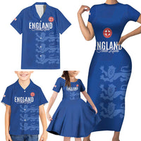 Custom England Cricket Family Matching Short Sleeve Bodycon Dress and Hawaiian Shirt Go Three Lions - Blue Ver