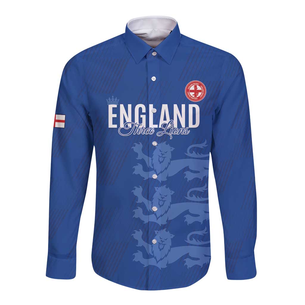 Custom England Cricket Long Sleeve Button Shirt Go Three Lions - Blue Ver
