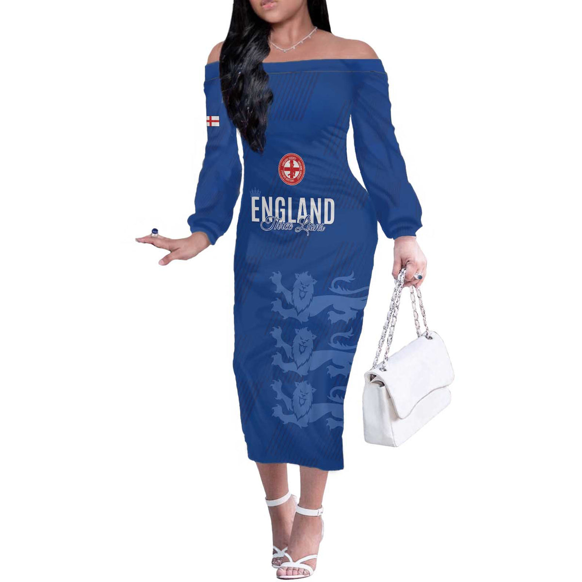 Custom England Cricket Off The Shoulder Long Sleeve Dress Go Three Lions - Blue Ver
