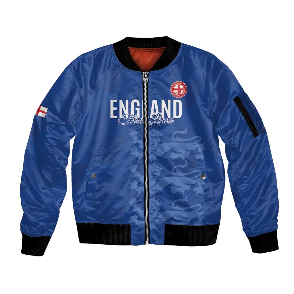 Custom England Cricket Sleeve Zip Bomber Jacket Go Three Lions - Blue Ver