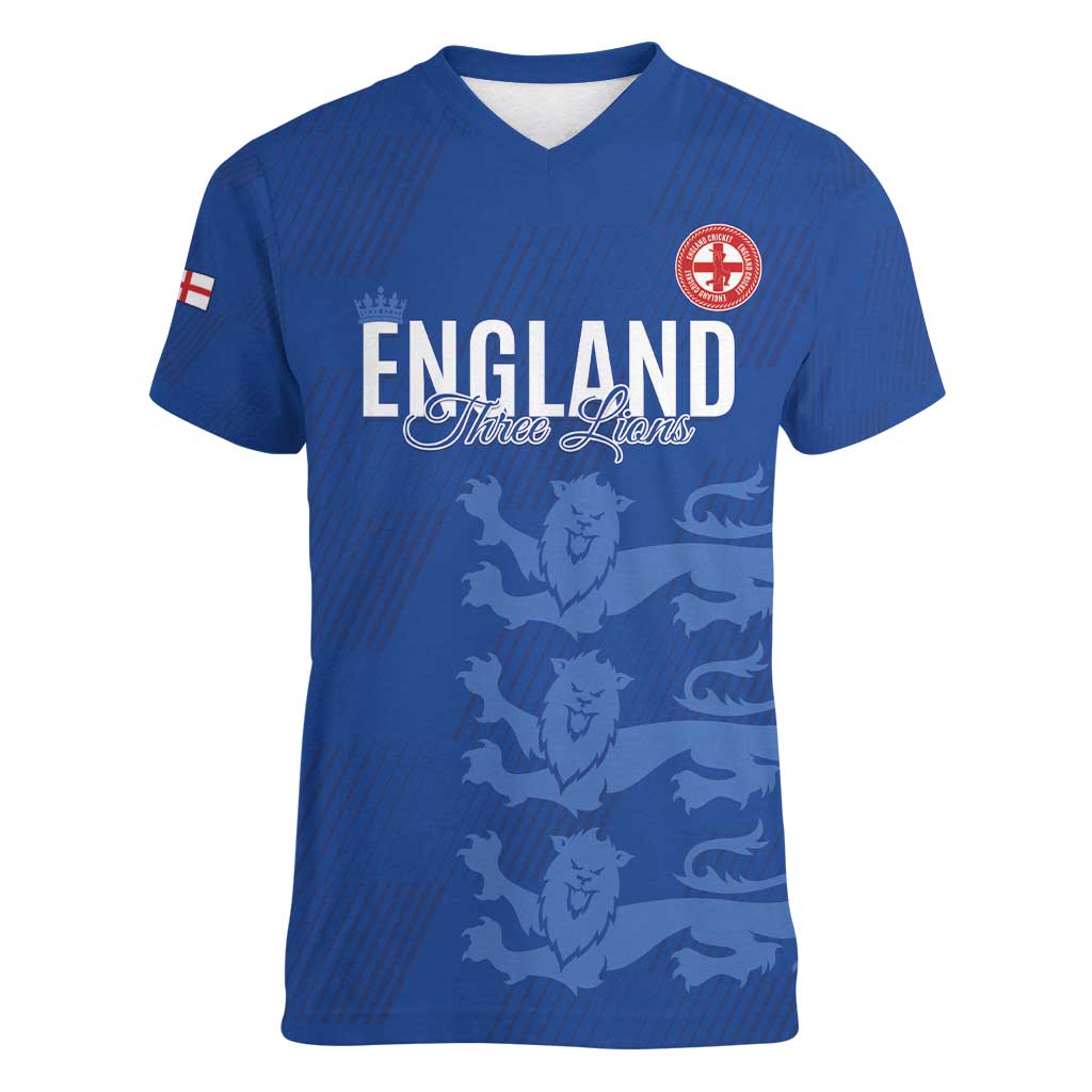 Custom England Cricket Women V-Neck T-Shirt Go Three Lions - Blue Ver