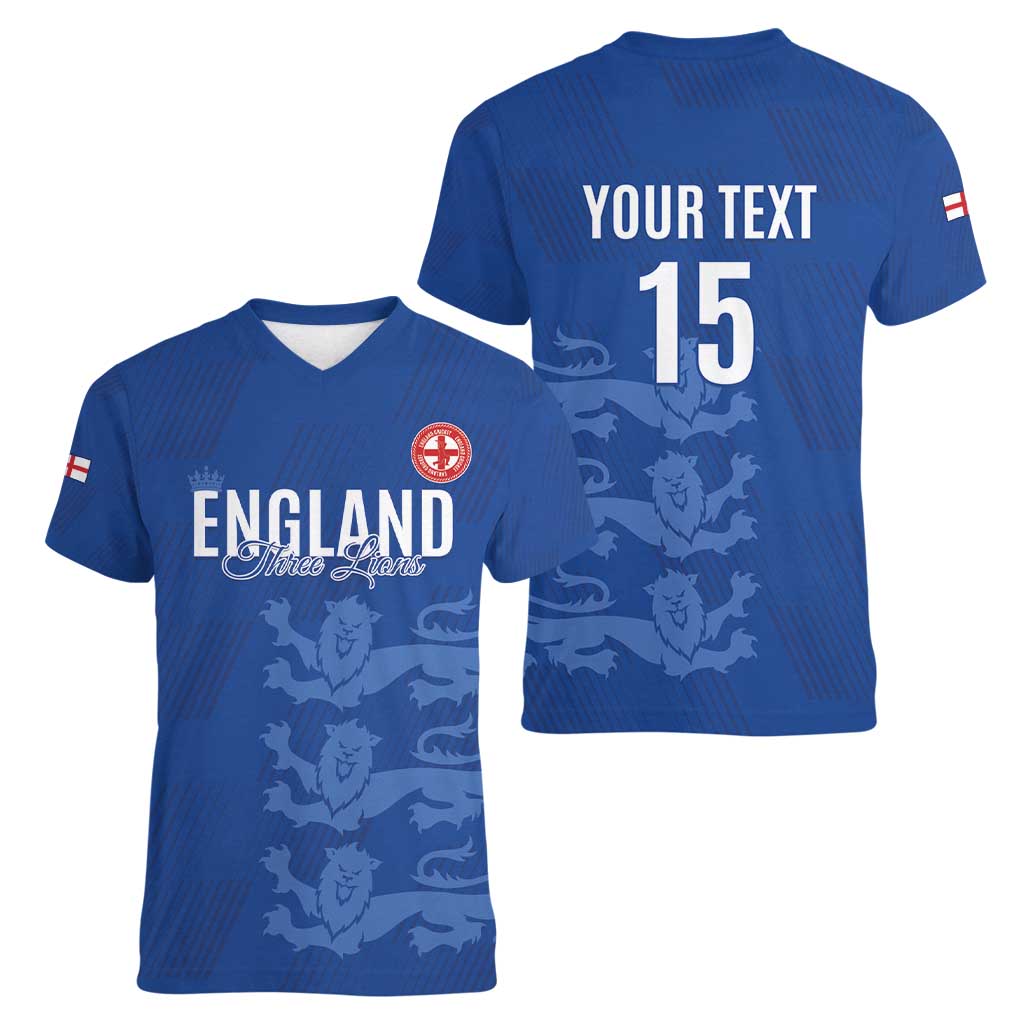 Custom England Cricket Women V-Neck T-Shirt Go Three Lions - Blue Ver