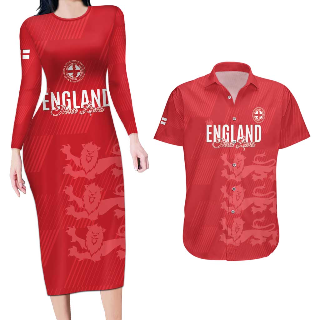 Custom England Cricket Couples Matching Long Sleeve Bodycon Dress and Hawaiian Shirt Go Three Lions - Red Ver