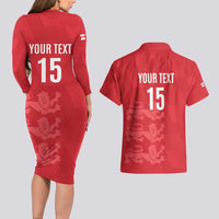 Custom England Cricket Couples Matching Long Sleeve Bodycon Dress and Hawaiian Shirt Go Three Lions - Red Ver