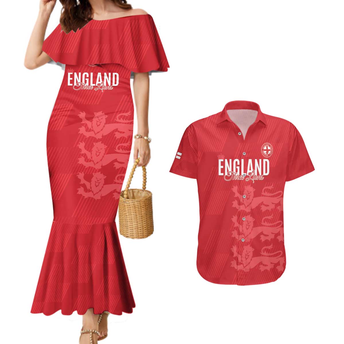 Custom England Cricket Couples Matching Mermaid Dress and Hawaiian Shirt Go Three Lions - Red Ver