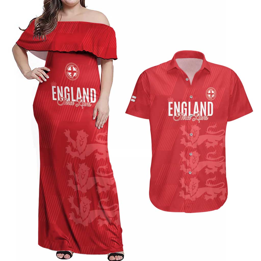 Custom England Cricket Couples Matching Off Shoulder Maxi Dress and Hawaiian Shirt Go Three Lions - Red Ver