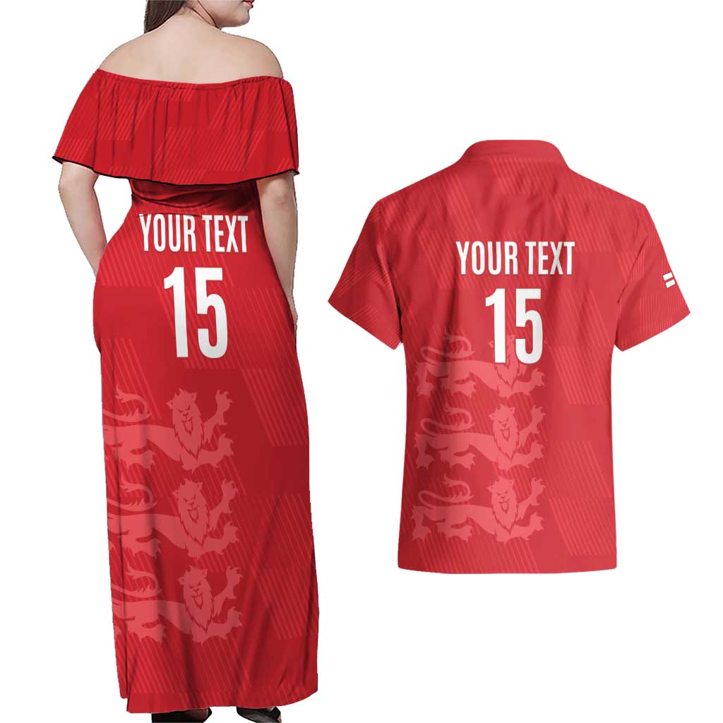 Custom England Cricket Couples Matching Off Shoulder Maxi Dress and Hawaiian Shirt Go Three Lions - Red Ver