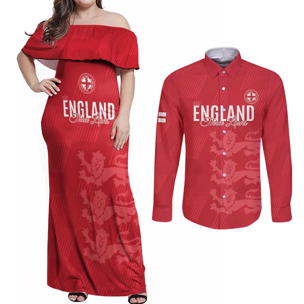Custom England Cricket Couples Matching Off Shoulder Maxi Dress and Long Sleeve Button Shirt Go Three Lions - Red Ver