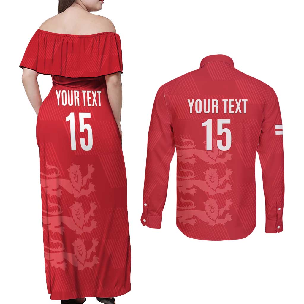 Custom England Cricket Couples Matching Off Shoulder Maxi Dress and Long Sleeve Button Shirt Go Three Lions - Red Ver