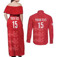 Custom England Cricket Couples Matching Off Shoulder Maxi Dress and Long Sleeve Button Shirt Go Three Lions - Red Ver