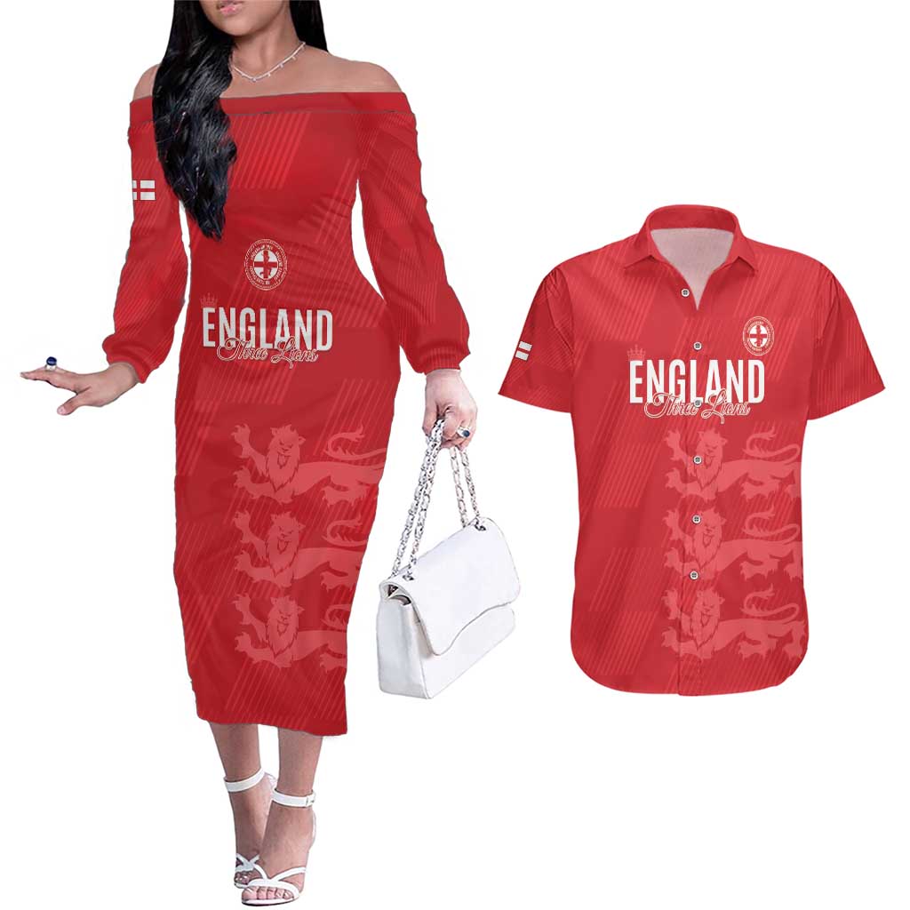 Custom England Cricket Couples Matching Off The Shoulder Long Sleeve Dress and Hawaiian Shirt Go Three Lions - Red Ver