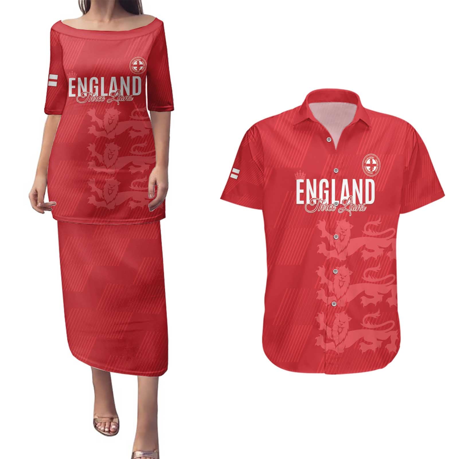 Custom England Cricket Couples Matching Puletasi and Hawaiian Shirt Go Three Lions - Red Ver