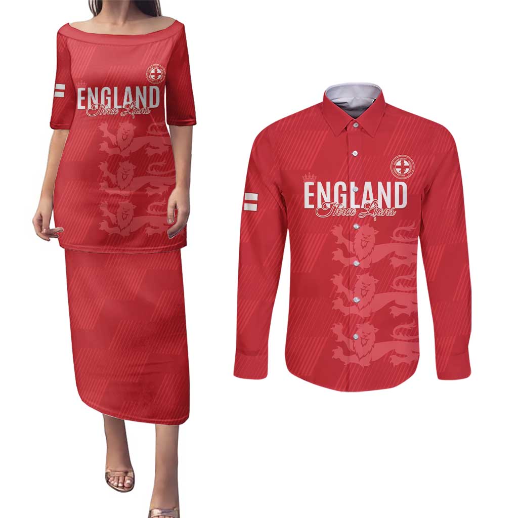 Custom England Cricket Couples Matching Puletasi and Long Sleeve Button Shirt Go Three Lions - Red Ver
