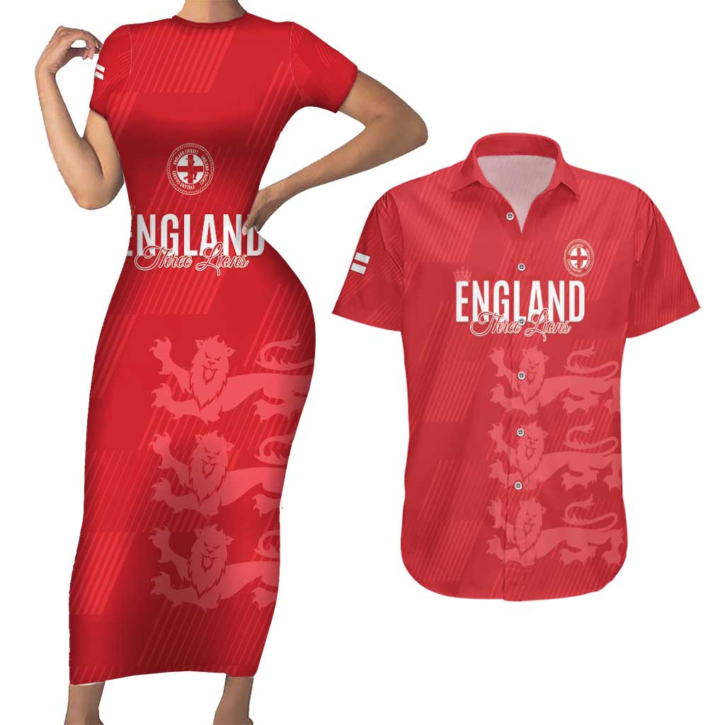 Custom England Cricket Couples Matching Short Sleeve Bodycon Dress and Hawaiian Shirt Go Three Lions - Red Ver