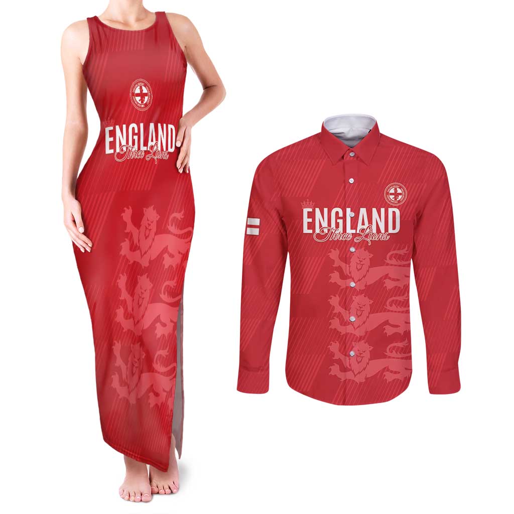 Custom England Cricket Couples Matching Tank Maxi Dress and Long Sleeve Button Shirt Go Three Lions - Red Ver