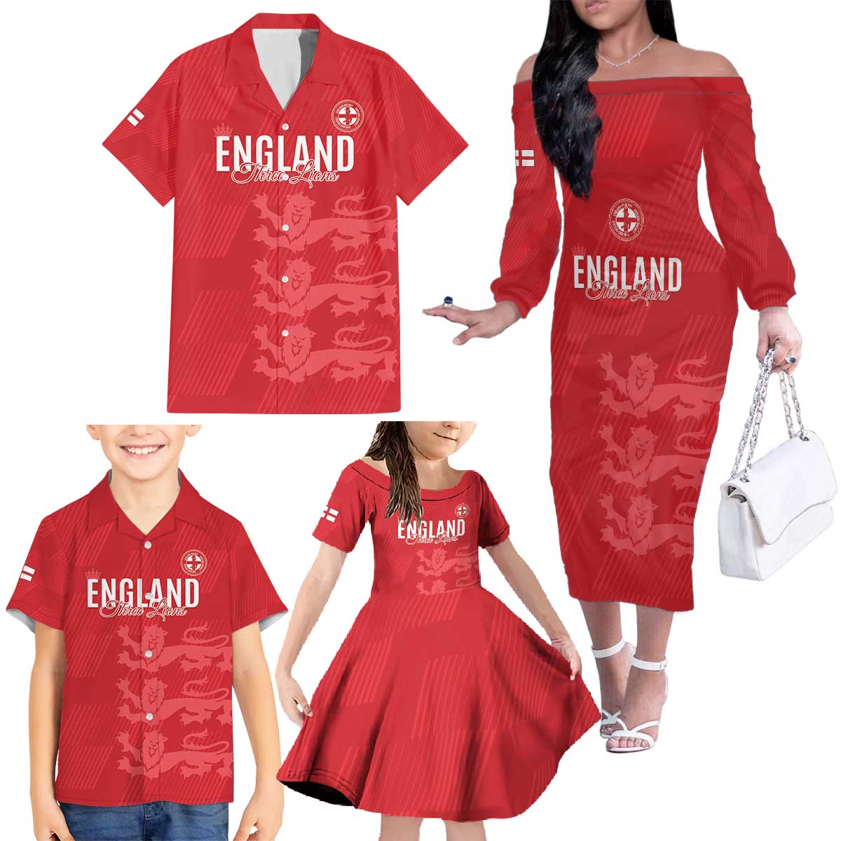 Custom England Cricket Family Matching Off The Shoulder Long Sleeve Dress and Hawaiian Shirt Go Three Lions - Red Ver