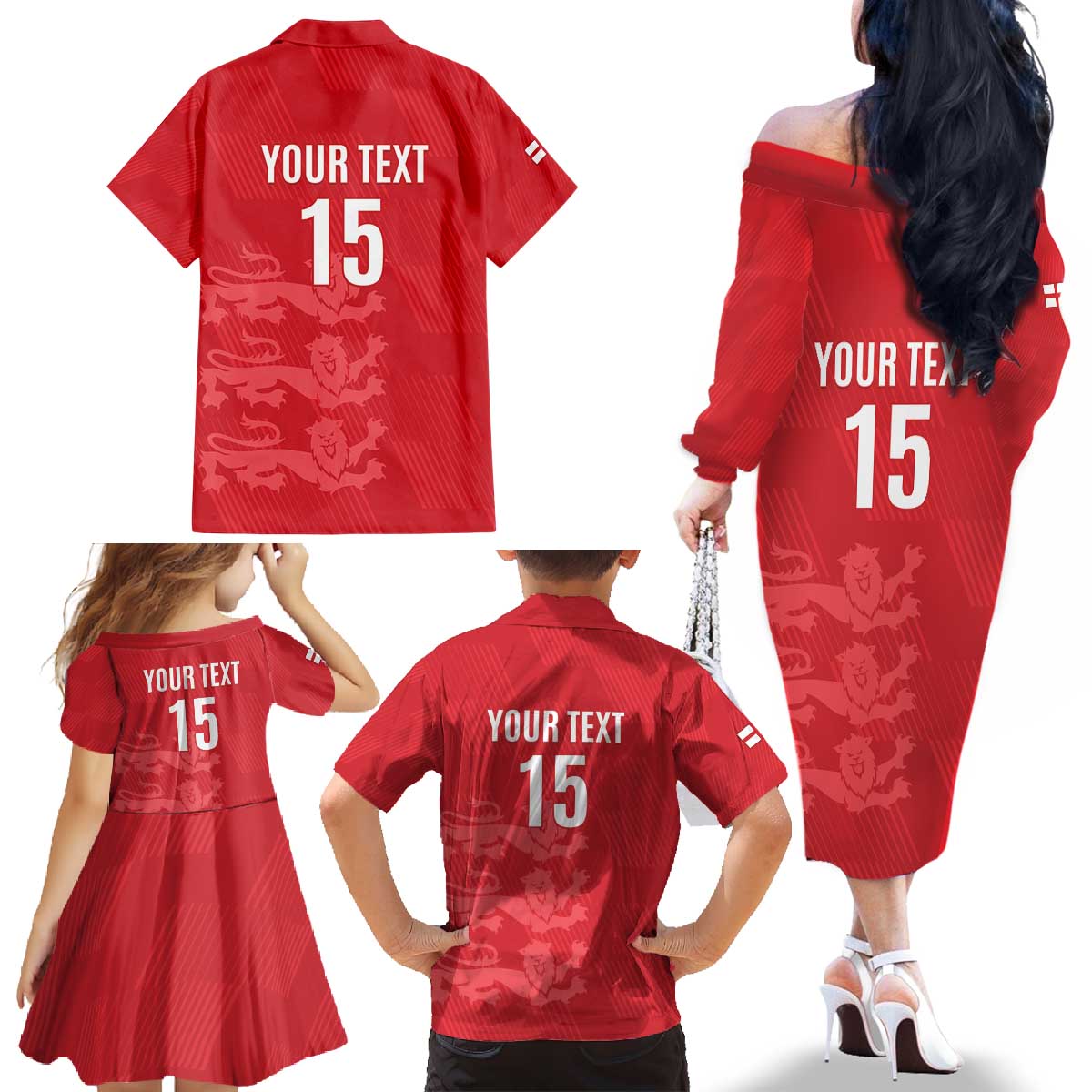 Custom England Cricket Family Matching Off The Shoulder Long Sleeve Dress and Hawaiian Shirt Go Three Lions - Red Ver