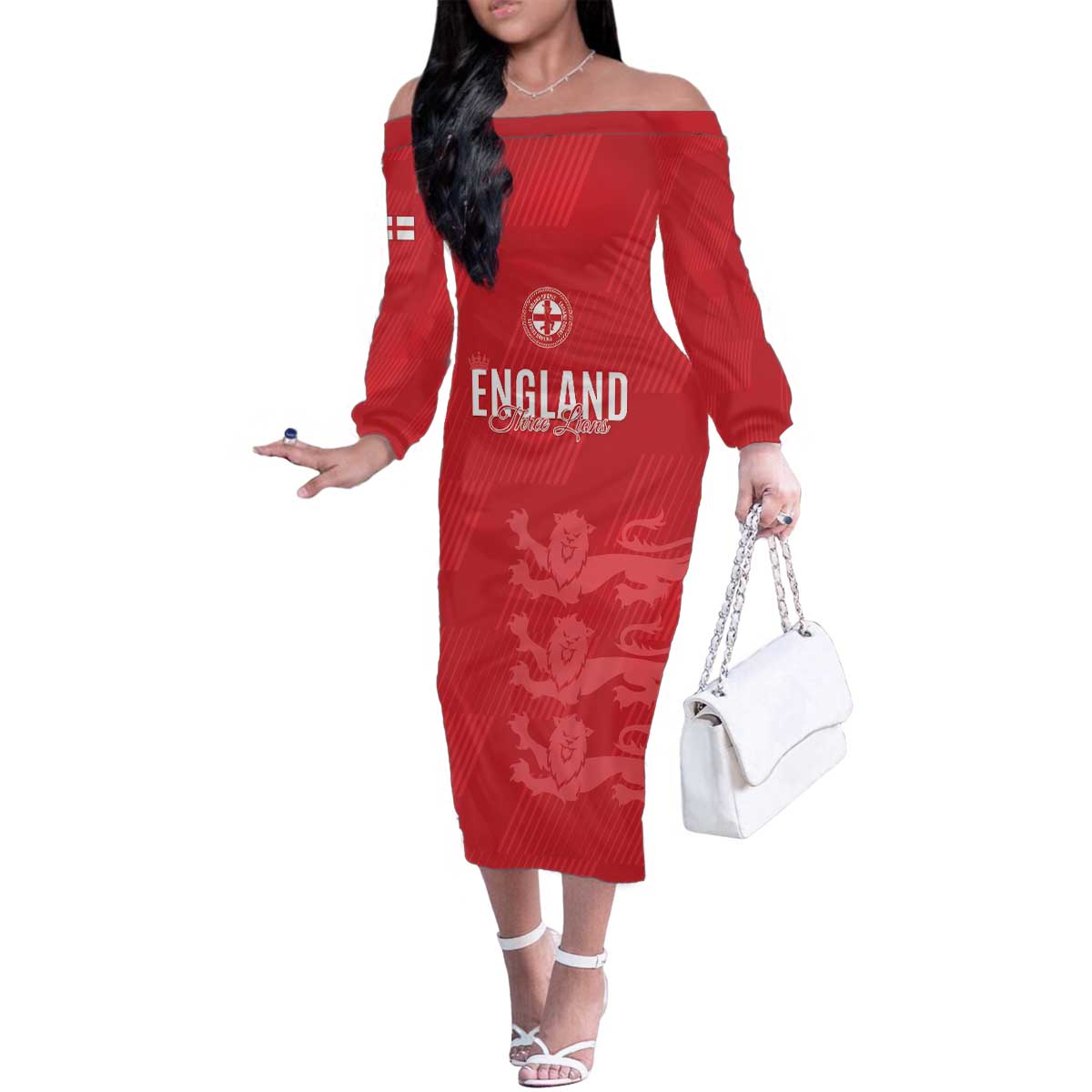 Custom England Cricket Family Matching Off The Shoulder Long Sleeve Dress and Hawaiian Shirt Go Three Lions - Red Ver