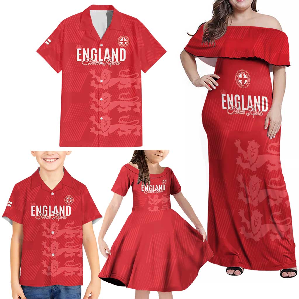 Custom England Cricket Family Matching Off Shoulder Maxi Dress and Hawaiian Shirt Go Three Lions - Red Ver