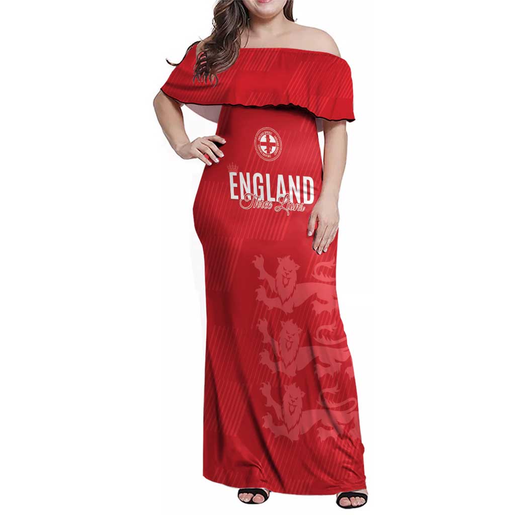 Custom England Cricket Family Matching Off Shoulder Maxi Dress and Hawaiian Shirt Go Three Lions - Red Ver
