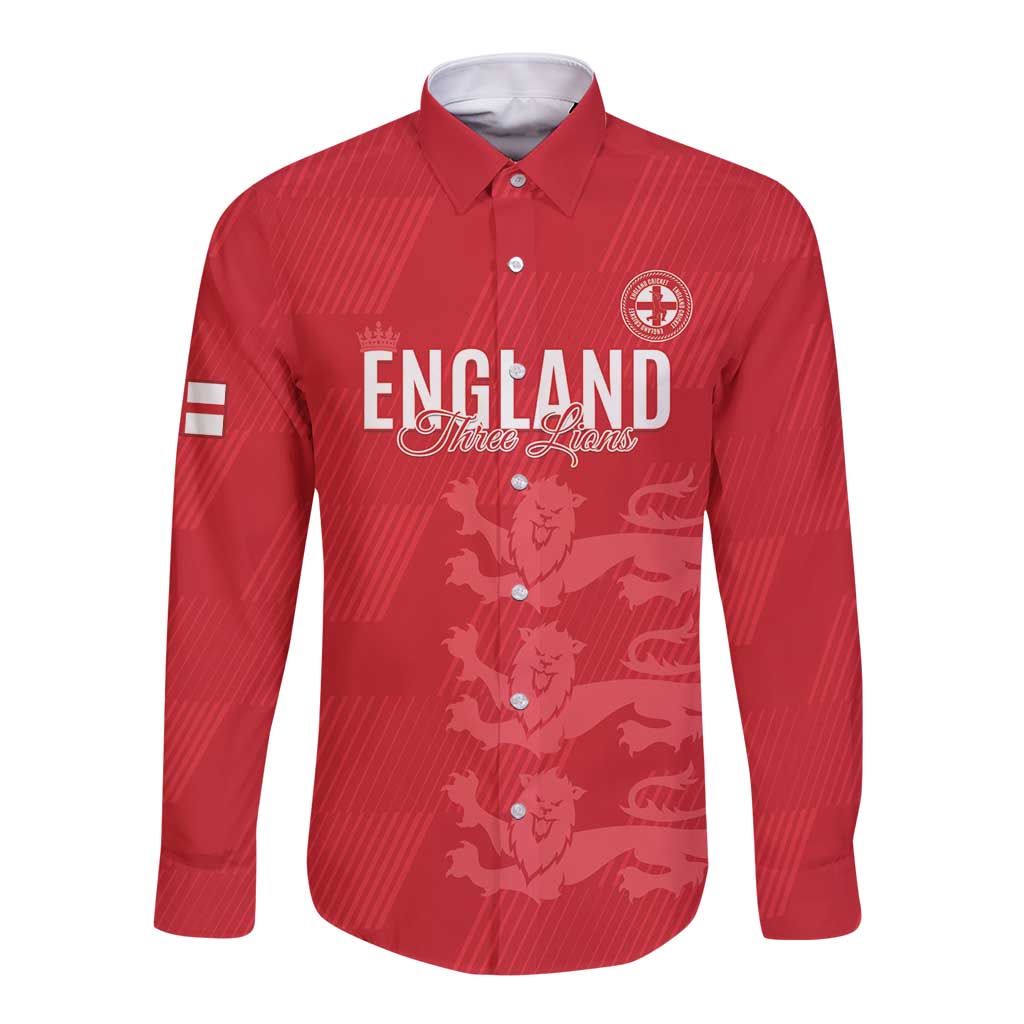 Custom England Cricket Long Sleeve Button Shirt Go Three Lions - Red Ver
