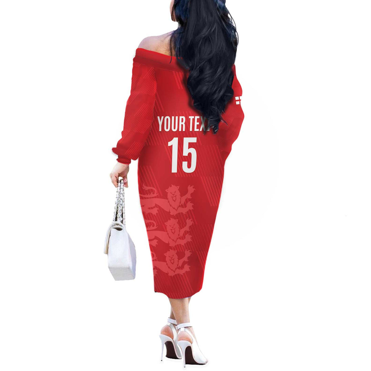 Custom England Cricket Off The Shoulder Long Sleeve Dress Go Three Lions - Red Ver