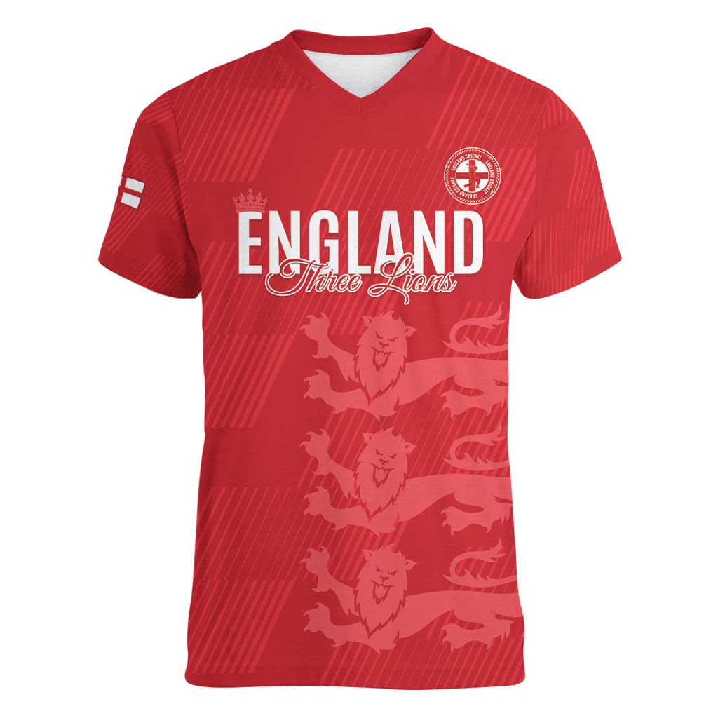 Custom England Cricket Women V-Neck T-Shirt Go Three Lions - Red Ver