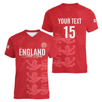 Custom England Cricket Women V-Neck T-Shirt Go Three Lions - Red Ver
