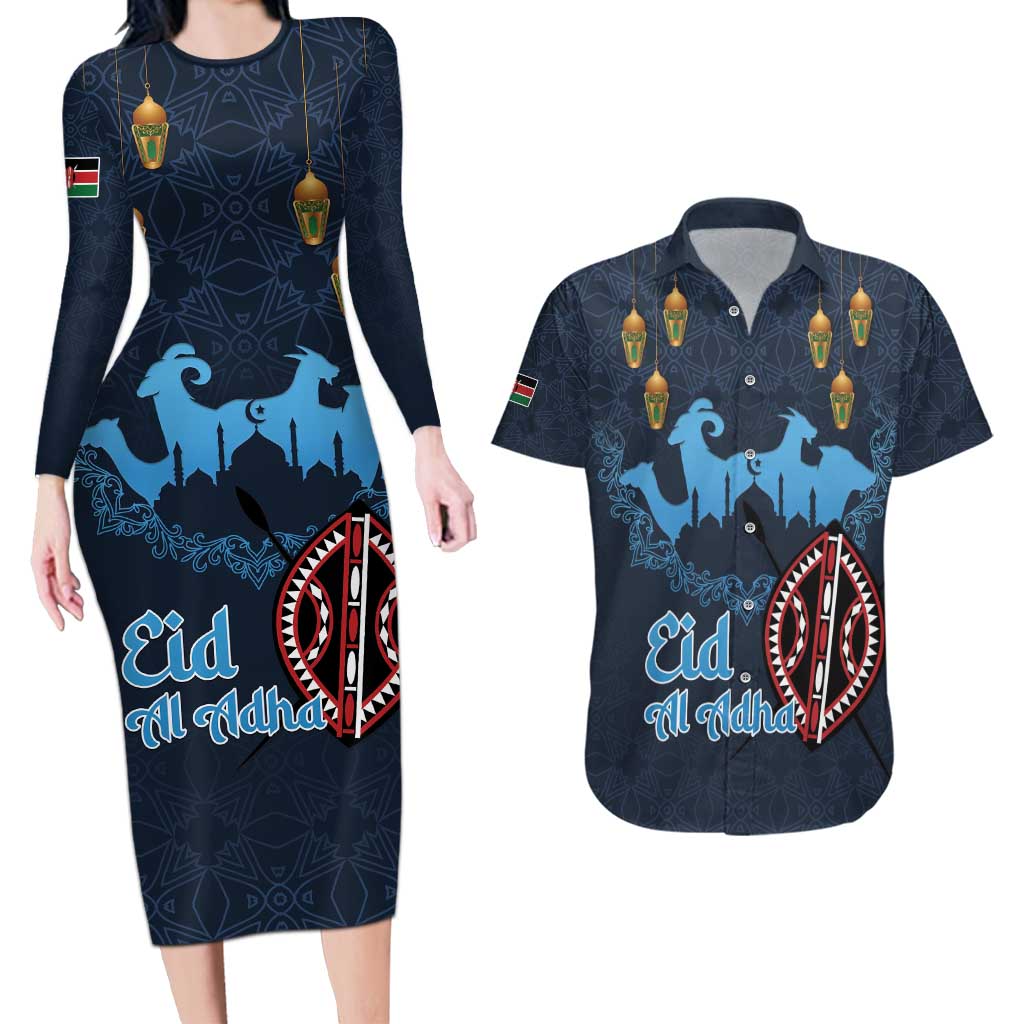 Kenya Happy Eid Mubarak Couples Matching Long Sleeve Bodycon Dress and Hawaiian Shirt Eid Al-Adha