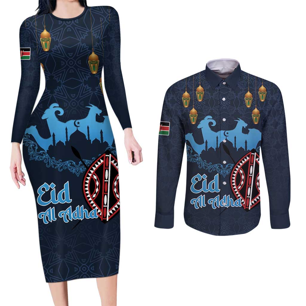 Kenya Happy Eid Mubarak Couples Matching Long Sleeve Bodycon Dress and Long Sleeve Button Shirt Eid Al-Adha