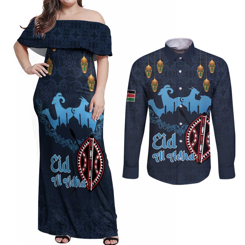 Kenya Happy Eid Mubarak Couples Matching Off Shoulder Maxi Dress and Long Sleeve Button Shirt Eid Al-Adha