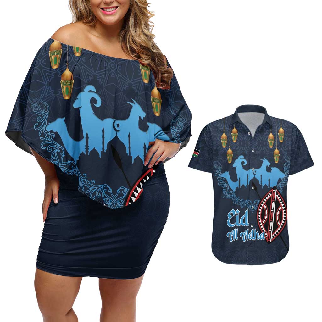 Kenya Happy Eid Mubarak Couples Matching Off Shoulder Short Dress and Hawaiian Shirt Eid Al-Adha