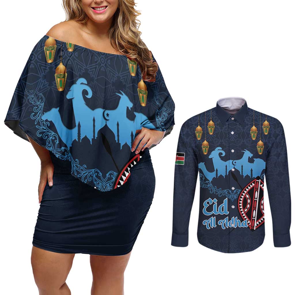 Kenya Happy Eid Mubarak Couples Matching Off Shoulder Short Dress and Long Sleeve Button Shirt Eid Al-Adha