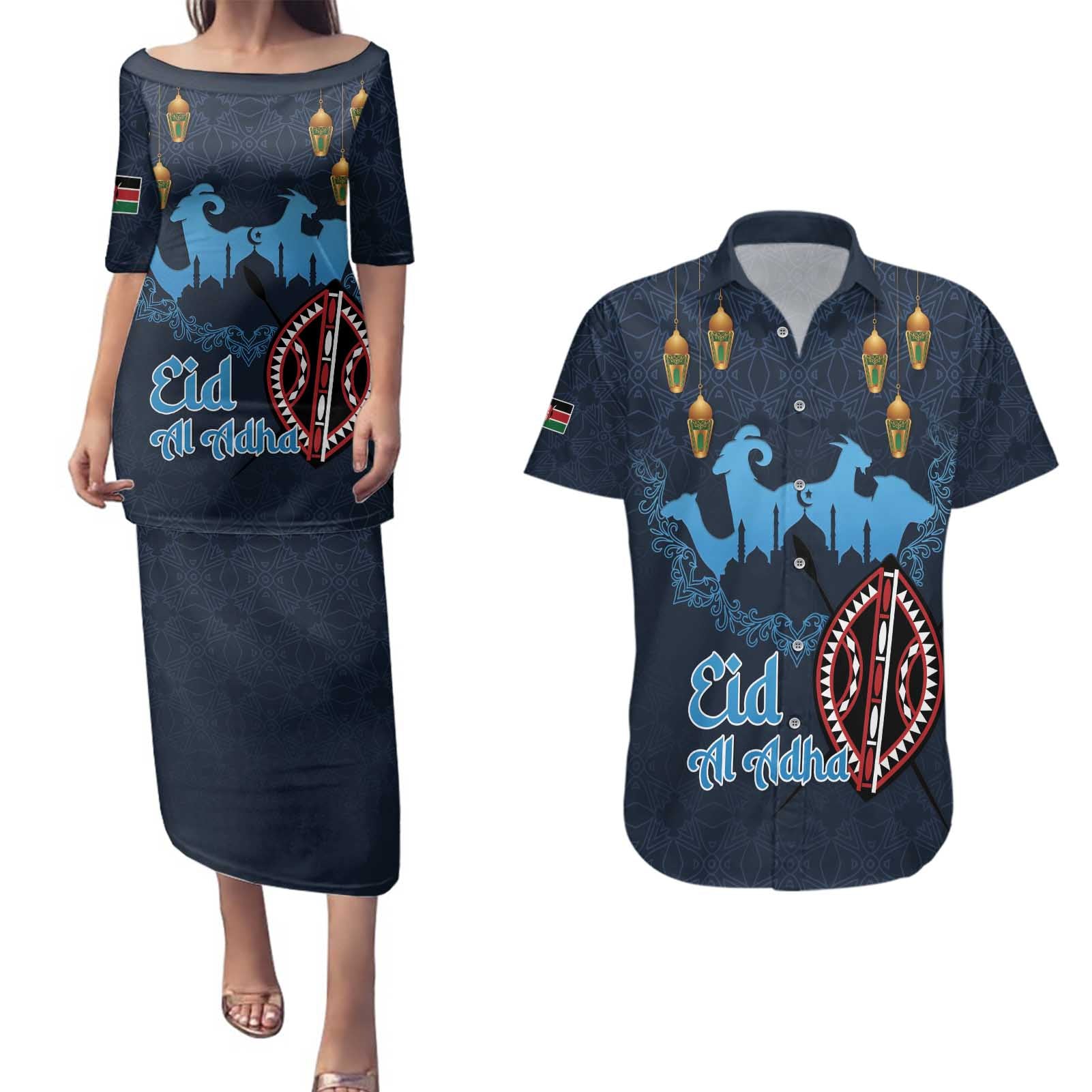Kenya Happy Eid Mubarak Couples Matching Puletasi and Hawaiian Shirt Eid Al-Adha