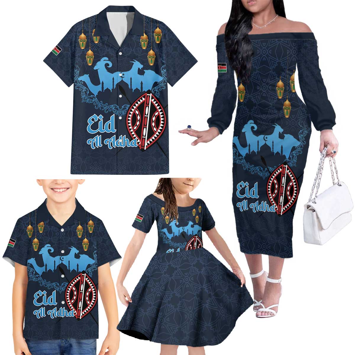Kenya Happy Eid Mubarak Family Matching Off The Shoulder Long Sleeve Dress and Hawaiian Shirt Eid Al-Adha