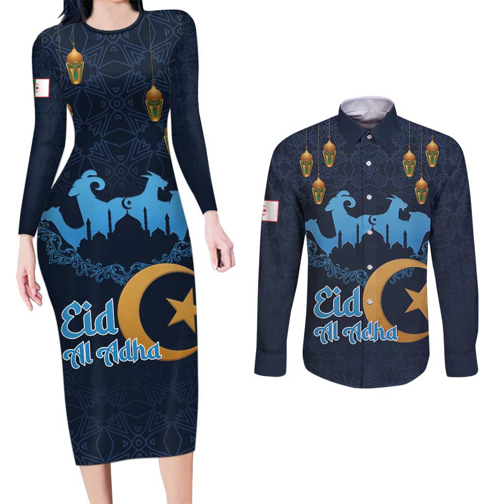 Algeria Happy Eid Mubarak Couples Matching Long Sleeve Bodycon Dress and Long Sleeve Button Shirt Eid Al-Adha