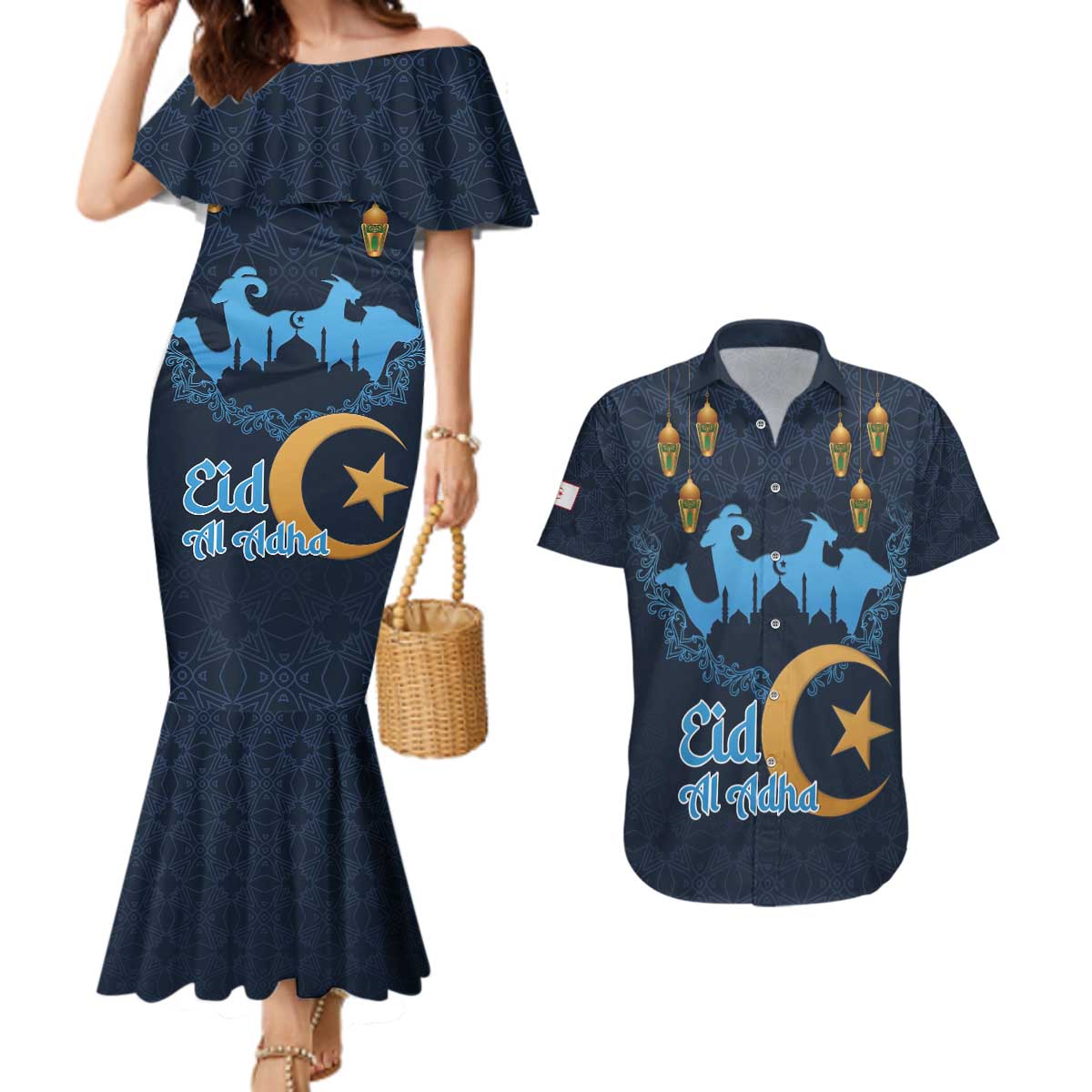 Algeria Happy Eid Mubarak Couples Matching Mermaid Dress and Hawaiian Shirt Eid Al-Adha