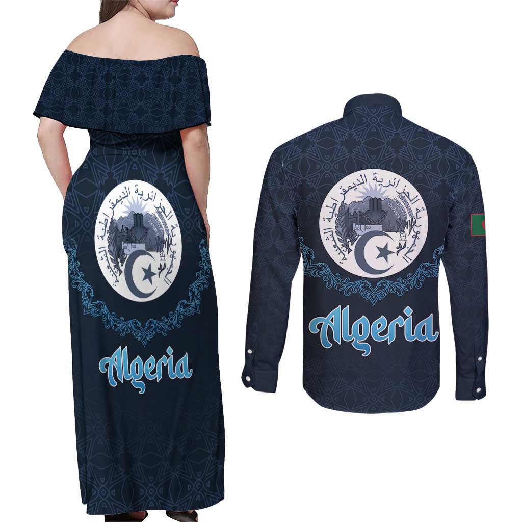 Algeria Happy Eid Mubarak Couples Matching Off Shoulder Maxi Dress and Long Sleeve Button Shirt Eid Al-Adha