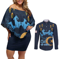 Algeria Happy Eid Mubarak Couples Matching Off Shoulder Short Dress and Long Sleeve Button Shirt Eid Al-Adha