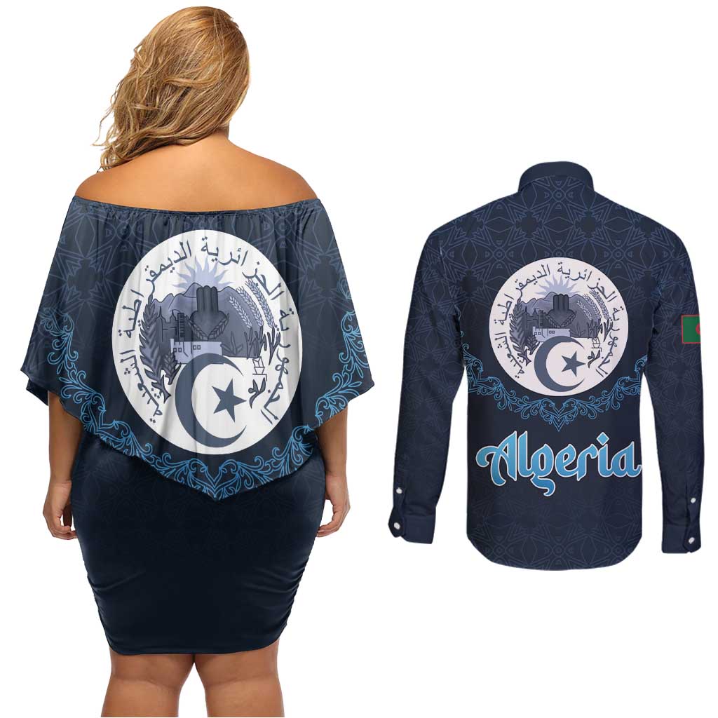 Algeria Happy Eid Mubarak Couples Matching Off Shoulder Short Dress and Long Sleeve Button Shirt Eid Al-Adha