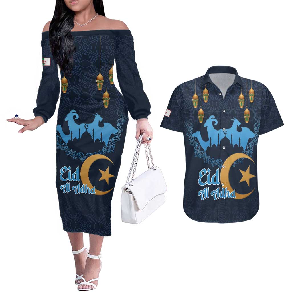 Algeria Happy Eid Mubarak Couples Matching Off The Shoulder Long Sleeve Dress and Hawaiian Shirt Eid Al-Adha