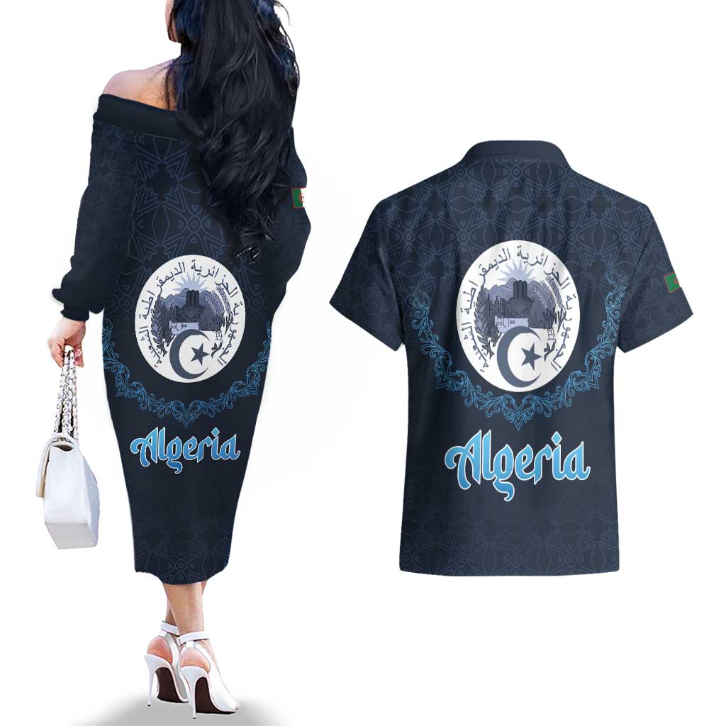 Algeria Happy Eid Mubarak Couples Matching Off The Shoulder Long Sleeve Dress and Hawaiian Shirt Eid Al-Adha
