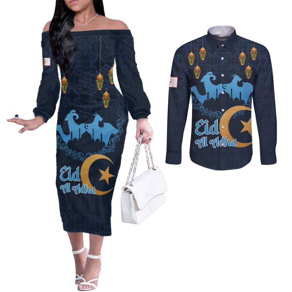 Algeria Happy Eid Mubarak Couples Matching Off The Shoulder Long Sleeve Dress and Long Sleeve Button Shirt Eid Al-Adha