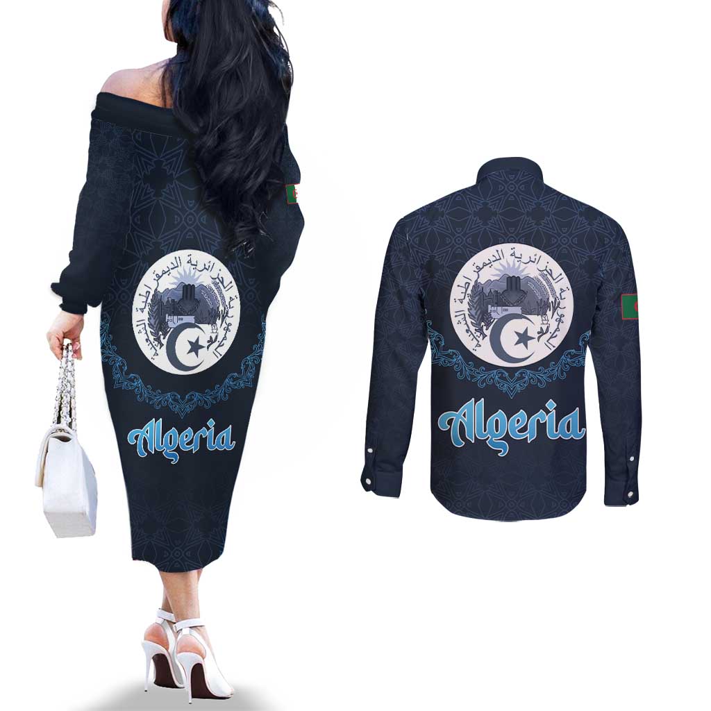 Algeria Happy Eid Mubarak Couples Matching Off The Shoulder Long Sleeve Dress and Long Sleeve Button Shirt Eid Al-Adha