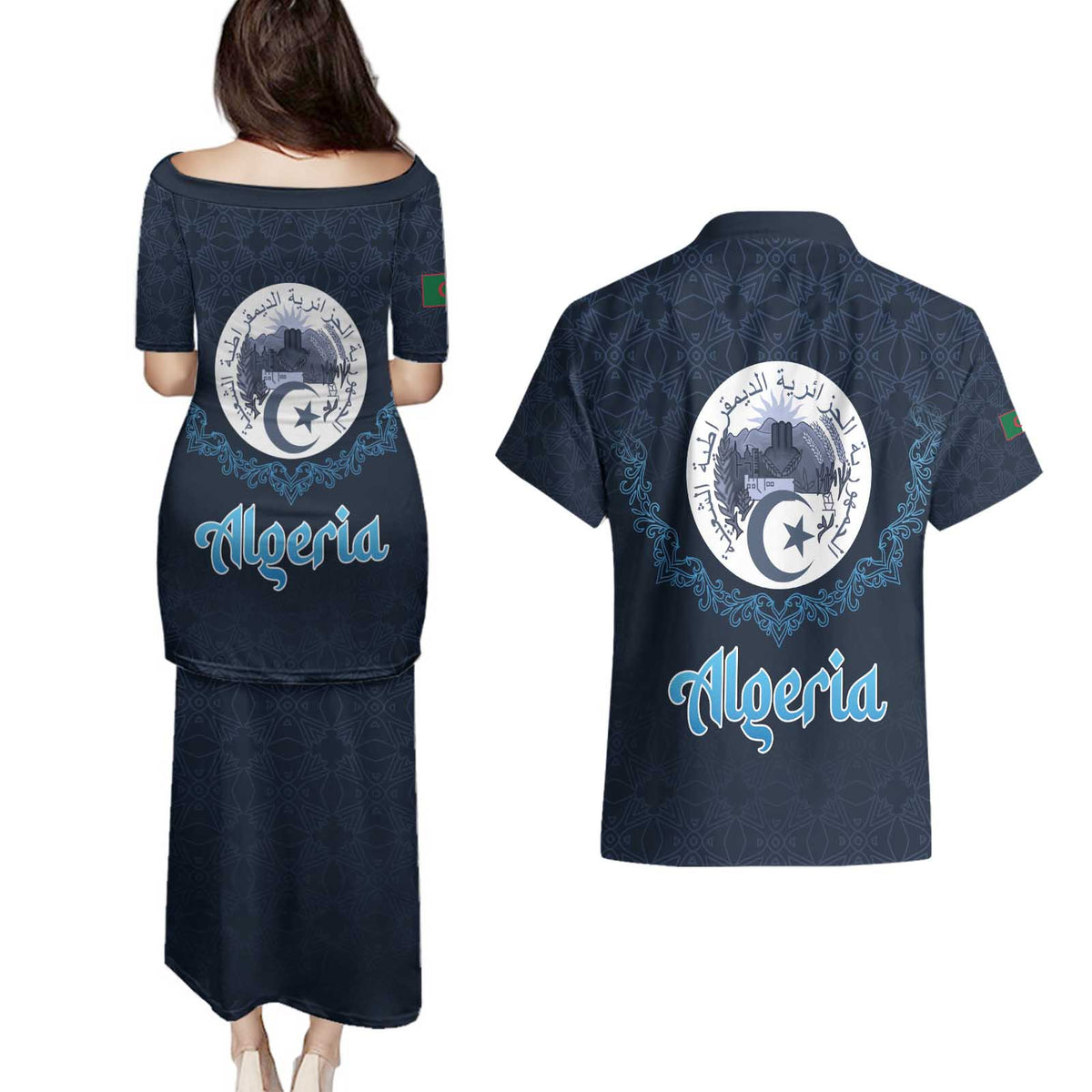 Algeria Happy Eid Mubarak Couples Matching Puletasi and Hawaiian Shirt Eid Al-Adha