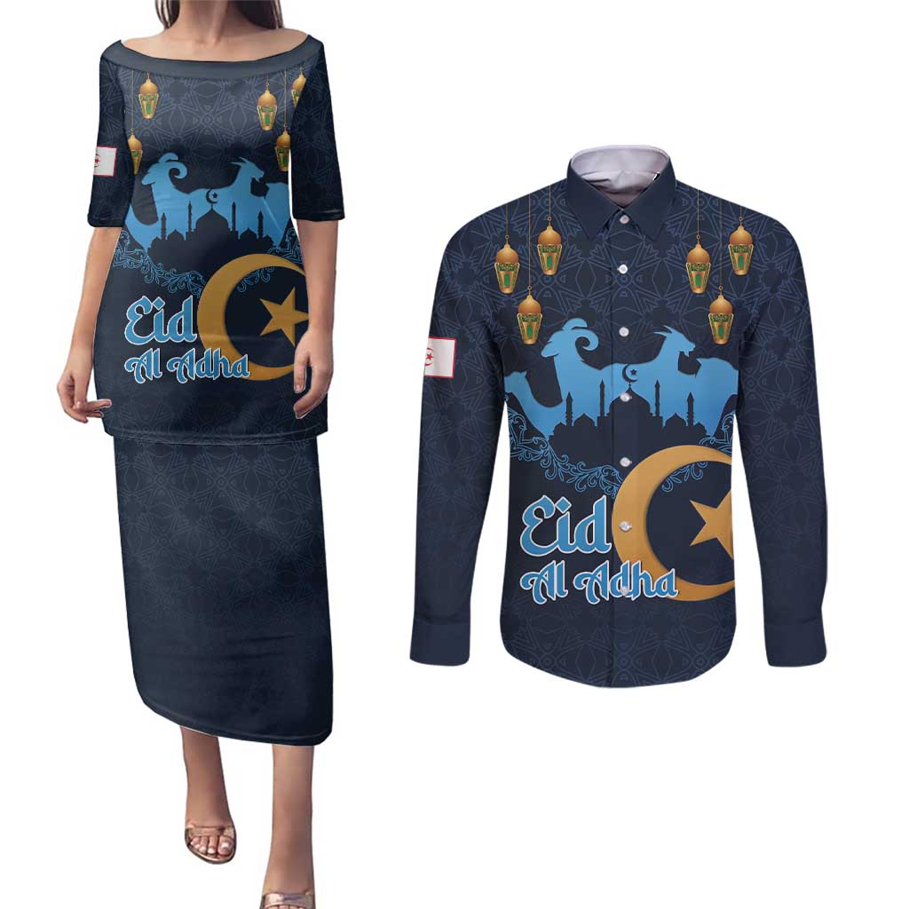 Algeria Happy Eid Mubarak Couples Matching Puletasi and Long Sleeve Button Shirt Eid Al-Adha