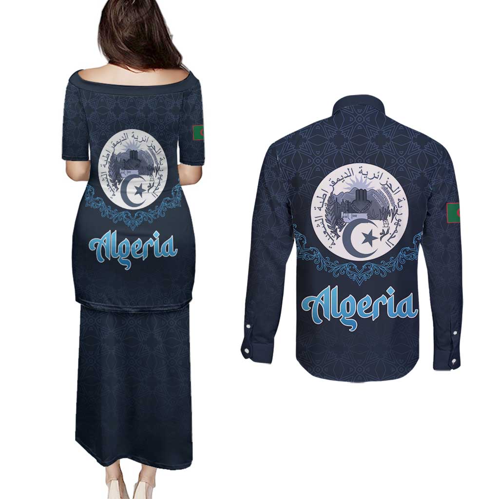 Algeria Happy Eid Mubarak Couples Matching Puletasi and Long Sleeve Button Shirt Eid Al-Adha