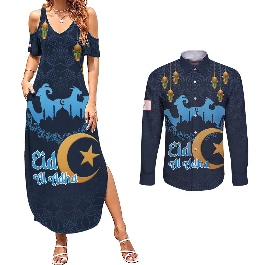 Algeria Happy Eid Mubarak Couples Matching Summer Maxi Dress and Long Sleeve Button Shirt Eid Al-Adha